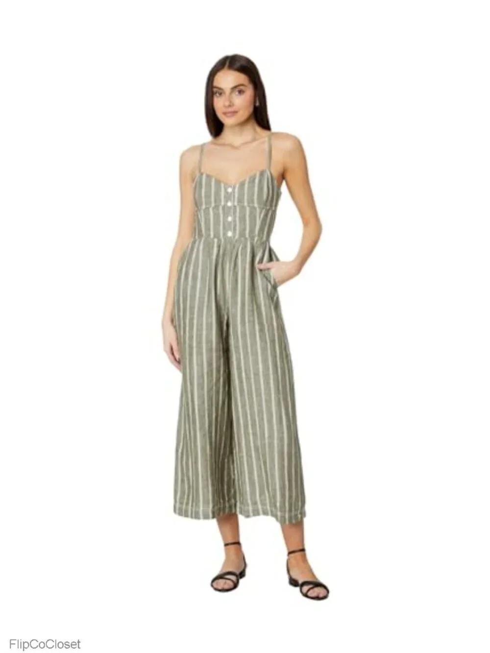 Linen Sleeveless Wide-Leg Jumpsuit with Zipper Closure